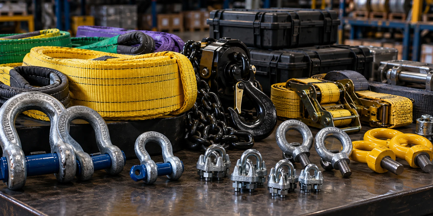 Lifting slings, shackles, chain hook, wire rope clips, cargo straps, lifting eyes and site support cases
